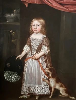 fig 1. A 17th-century oil portrait depicting a young boy standing beside a dog, framed in an ornate giltwood border.