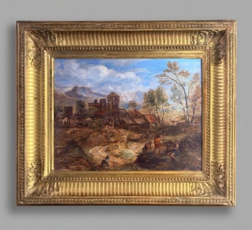 17th Century Venetian School Oil on Panel - An Arcadian Landscape with Figures.