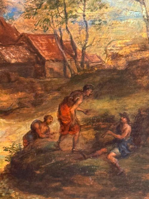 fig 2. An oil painting on wooden panel depicting an idyllic pastoral landscape with classical figures, stone buildings, and distant mountains, set within a carved gilded frame.