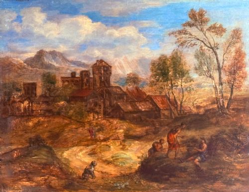 fig 4. An oil painting on wooden panel depicting an idyllic pastoral landscape with classical figures, stone buildings, and distant mountains, set within a carved gilded frame.