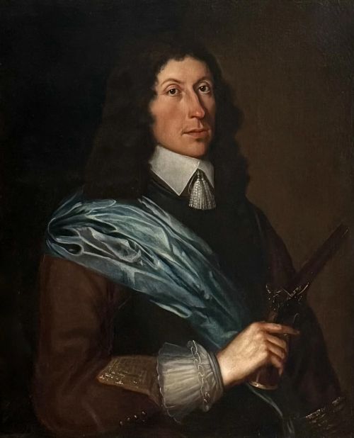 fig 1. A half-length 17th-century portrait painting of a gentleman holding a pistol, wearing a blue sash, framed in a carved giltwood frame.