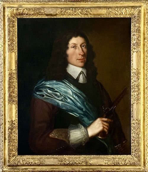 fig 2. A half-length 17th-century portrait painting of a gentleman holding a pistol, wearing a blue sash, framed in a carved giltwood frame.