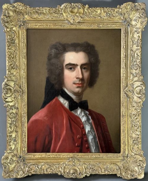 fig 5. An 18th-century oil painting depicting a gentleman in a scarlet jacket with a white cravat, framed in an ornate gilded Rococo-style frame.
