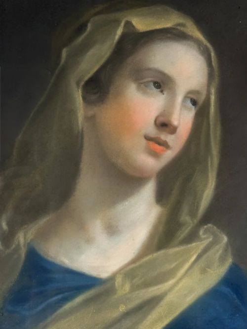 fig 1. An 18th-century framed pastel portrait depicting the Virgin Mary wearing a blue gown and gold veil against a dark background.