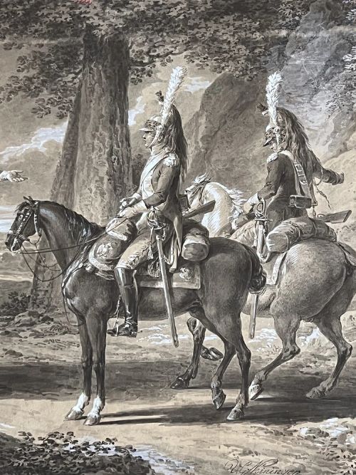 fig 3. VINCENZ GEORG KININGER (1767-1851) - DRAWING OF FOUR FRENCH CAVALRYMEN IN A CLEARING c.1810