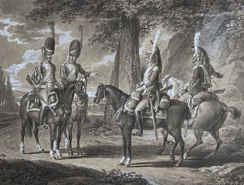 fig 4. VINCENZ GEORG KININGER (1767-1851) - DRAWING OF FOUR FRENCH CAVALRYMEN IN A CLEARING c.1810