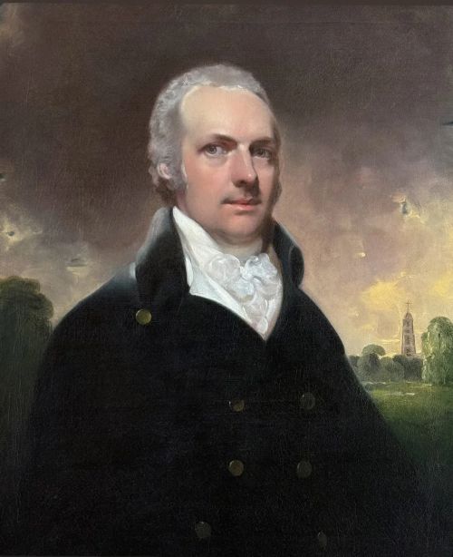 fig 2. An 18th-century oil portrait painting depicting a gentleman in a dark double-breasted coat and white cravat set inside a gilded frame.