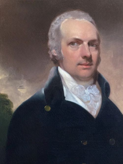 fig 4. An 18th-century oil portrait painting depicting a gentleman in a dark double-breasted coat and white cravat set inside a gilded frame.