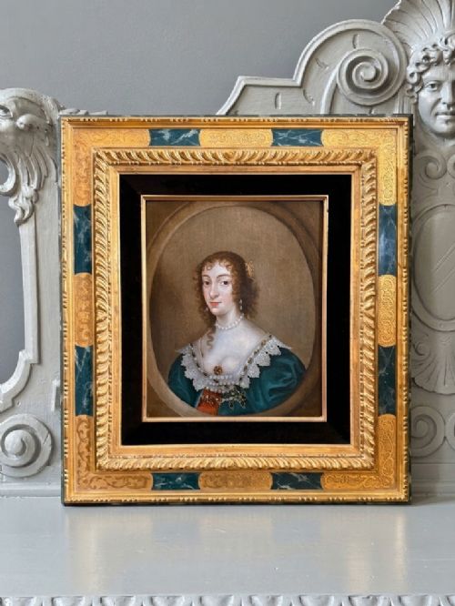 School of Van Dyck - 17th Century Oil on Panel Portrait of Queen Henrietta Maria (1609-1669).