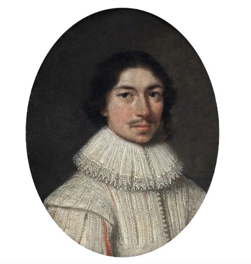fig 2. An oval 17th-century oil portrait miniature on copper depicting a gentleman with a mustache and lace collar in a black ebonised frame with gilt detail.