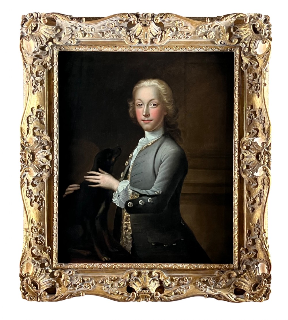 18TH CENTURY ENGLISH PORTRAIT OF BISSETT BURTON AND HIS HOUND - CIRCLE OF PHILIPPE MERCIER.