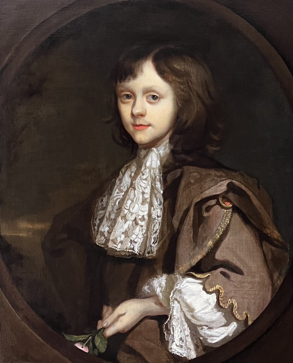 17TH CENTURY OIL ON CANVAS PORTRAIT OF A BOY HOLDING A ROSE - CIRCLE OF SIR PETER LELY (1618-1680) View II