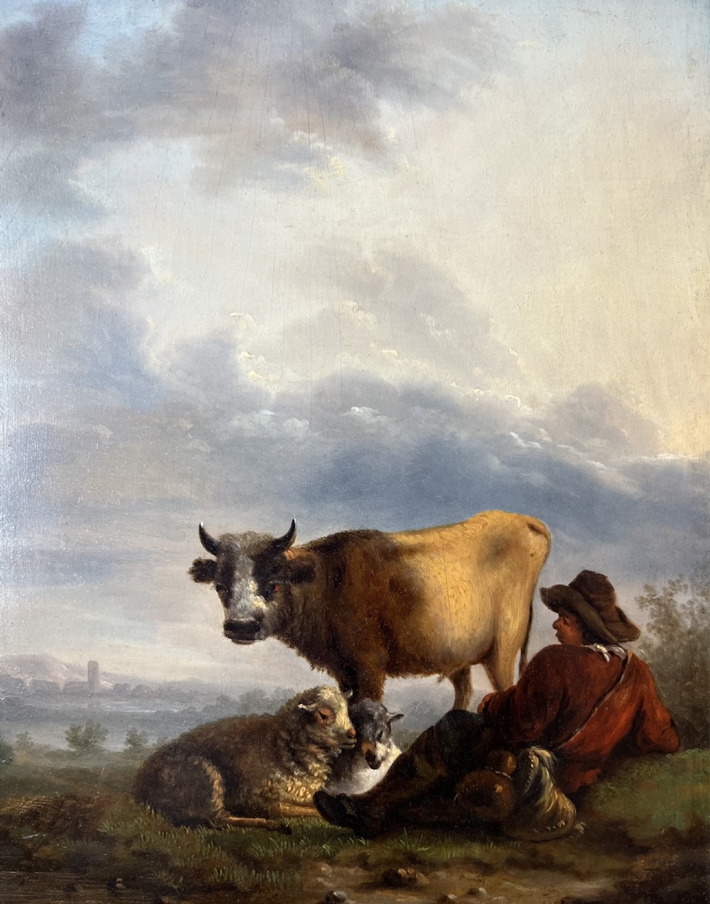 FLEMISH SCHOOL OIL ON PANEL STUDY OF A SHEPHERD AT REST - ATTRIBUTED TO EUGENE - JOSEPH VERBOECKHOVEN.