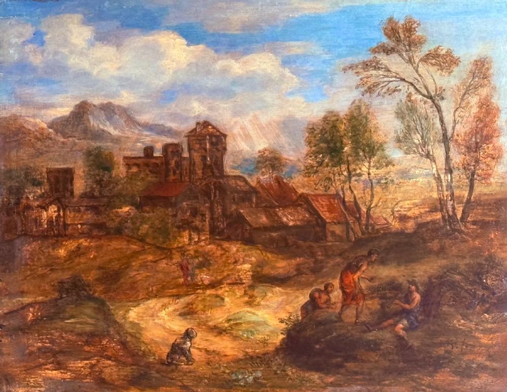 An oil painting on wooden panel depicting an idyllic pastoral landscape with classical figures, stone buildings, and distant mountains, set within a carved gilded frame. View V