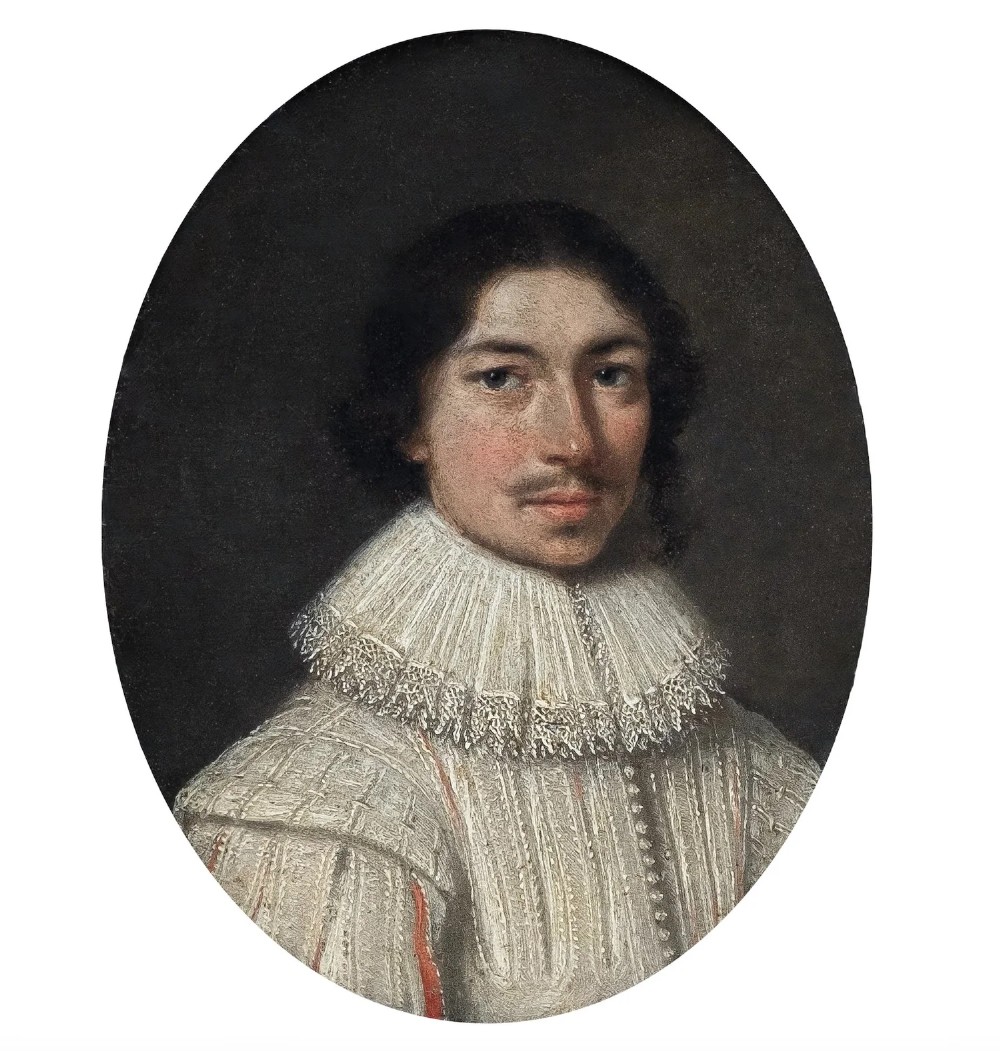 An oval 17th-century oil portrait miniature on copper depicting a gentleman with a mustache and lace collar in a black ebonised frame with gilt detail. View III