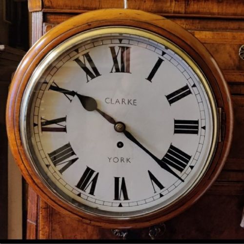 a chain fusee 12 mahogany dial station clock 12 inch enamel dial signed by clarke york - CATEGORY: ANTIQUE CLOCKS - DATED 19TH CENTURY