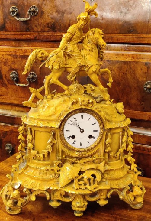 Port Z 23/Nov24 a French Gilt Bronze Figural Mantle Clock of a Mediaeval Knight in Armour on Horseback Holding a Sword, Riding to Battle.