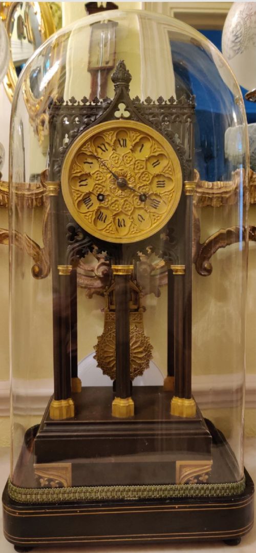 A FINE CATHEDRAL CLOCK GARNITURE IN THE STYLE OF FERDINAND BARBEDIENNE UNDER ORIGINAL DOME - ADDITIONAL PHOTO 8