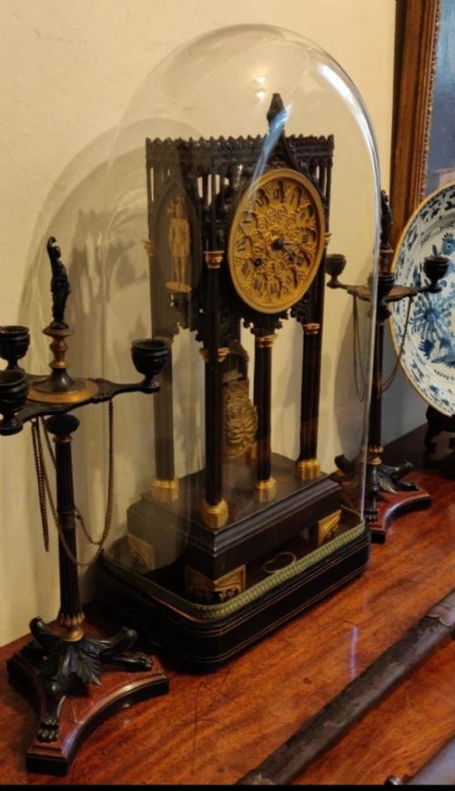A FINE CATHEDRAL CLOCK GARNITURE IN THE STYLE OF FERDINAND BARBEDIENNE UNDER ORIGINAL DOME - ADDITIONAL PHOTO 10