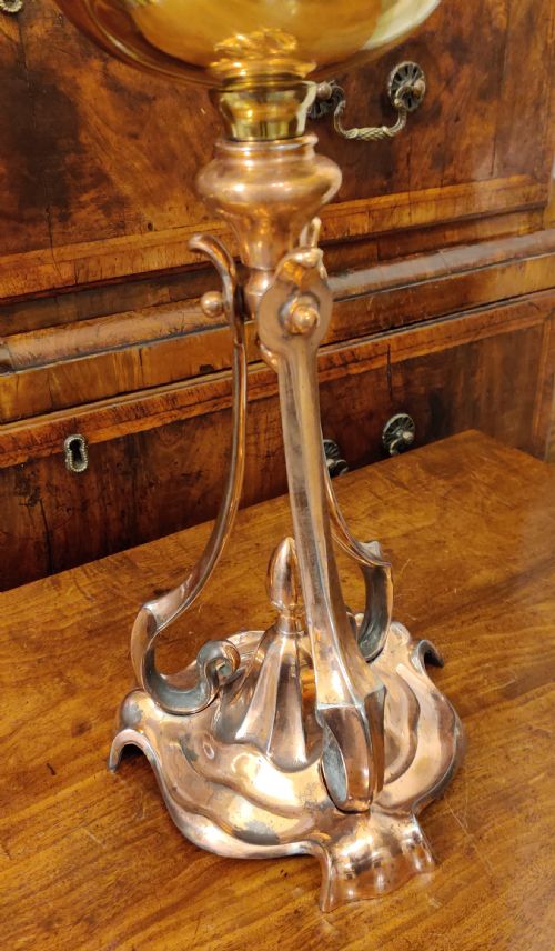 A RARE ARTS AND CRAFTS COPPER AND BRASS OIL LAMP - ADDITIONAL PHOTO 1