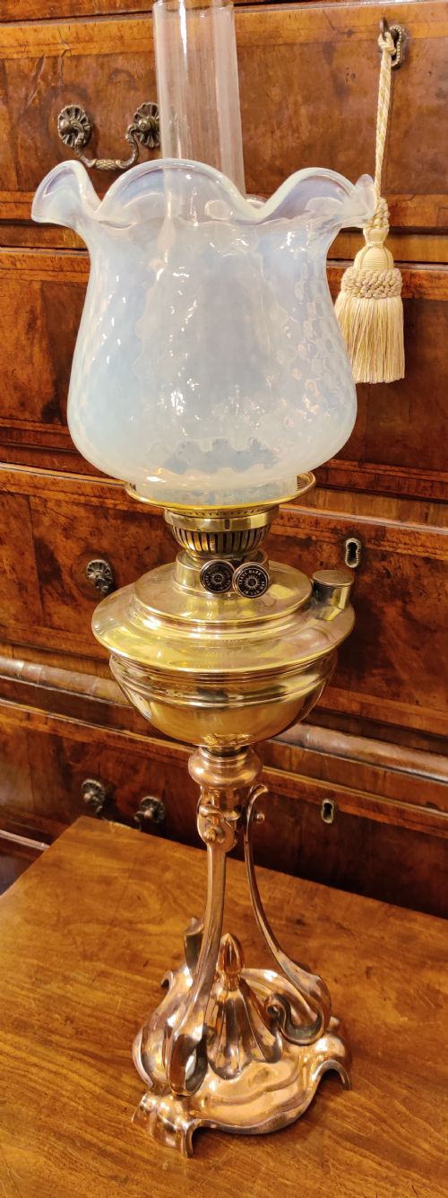 A RARE ARTS AND CRAFTS COPPER AND BRASS OIL LAMP - ADDITIONAL PHOTO 4