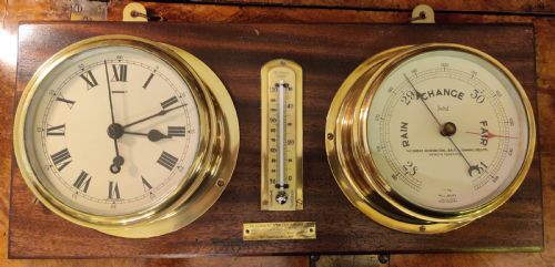 Ships Clock Barometer & Thermometer on a Mahogany Panel/plaque.