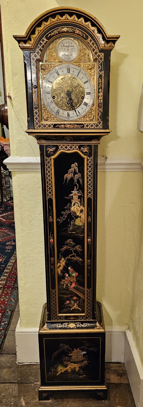 a rare chiming black lacquered japanned grandmother clock - CATEGORY: ANTIQUE CLOCKS - DATED 1930