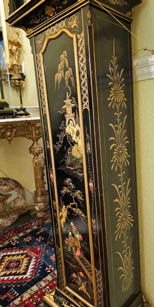 A RARE CHIMING BLACK LACQUERED JAPANNED GRANDMOTHER CLOCK - ADDITIONAL PHOTO 1