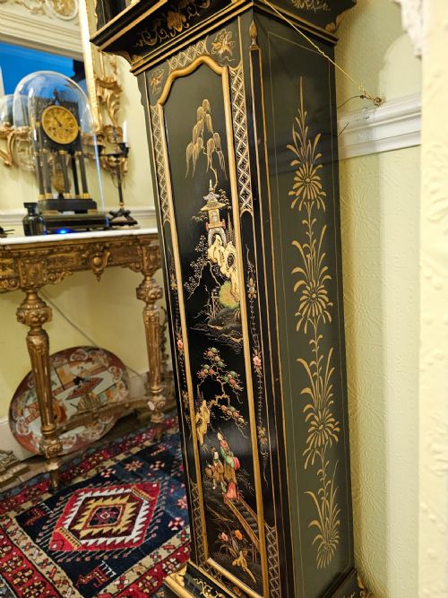 A RARE CHIMING BLACK LACQUERED JAPANNED GRANDMOTHER CLOCK - ADDITIONAL PHOTO 10