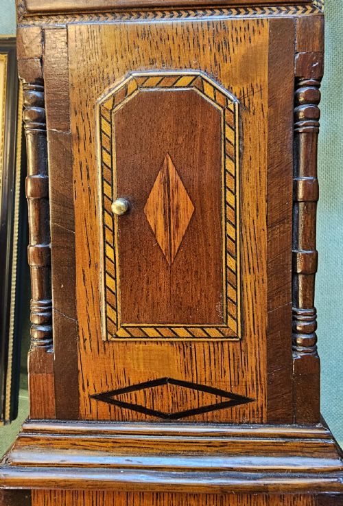 PORTMINIATURE LONGCASE CLOCK CIRCA 1890 WITH ORIGINAL CLOCKWORK MOVEMENT MADE FROM OAK CROSSBANDED WITH MAHOGANY - ADDITIONAL PHOTO 3