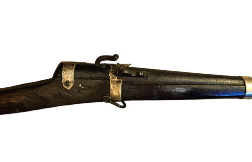 JEZAIL NW FRONTIER 18TH CENTURY ANTIQUE INDIAN MATCHLOCK MUSKET WITH AN APPROXIMATELY 600 BORE MUSKET WITH 7 BRASS ENGRAVED BANDS - ADDITIONAL PHOTO 1