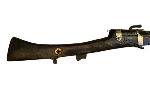JEZAIL NW FRONTIER 18TH CENTURY ANTIQUE INDIAN MATCHLOCK MUSKET WITH AN APPROXIMATELY 600 BORE MUSKET WITH 7 BRASS ENGRAVED BANDS - ADDITIONAL PHOTO 2