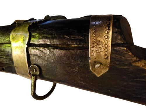 JEZAIL NW FRONTIER 18TH CENTURY ANTIQUE INDIAN MATCHLOCK MUSKET WITH AN APPROXIMATELY 600 BORE MUSKET WITH 7 BRASS ENGRAVED BANDS - ADDITIONAL PHOTO 11