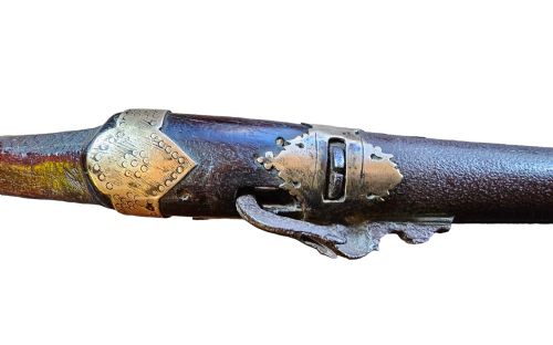 JEZAIL NW FRONTIER 18TH CENTURY ANTIQUE INDIAN MATCHLOCK MUSKET WITH AN APPROXIMATELY 600 BORE MUSKET WITH 7 BRASS ENGRAVED BANDS - ADDITIONAL PHOTO 27