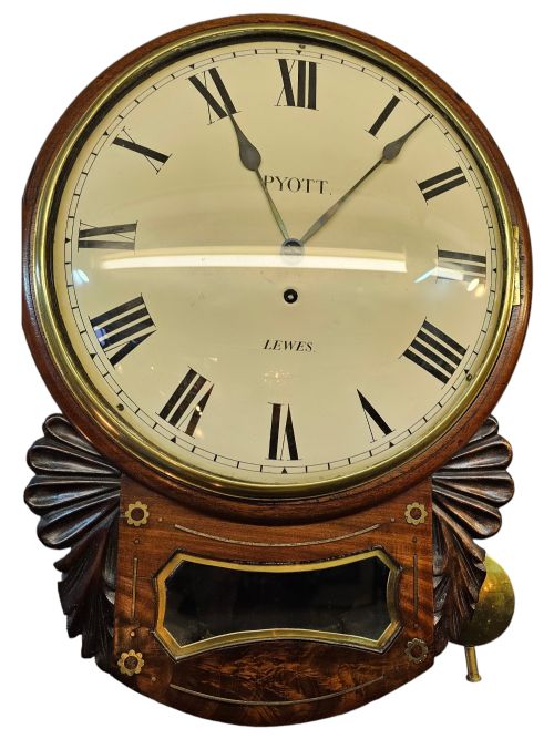 A Good English Fusee, Drop-dial Wall Clock, Signed "Pyott Lewes" on the Dial. Circa 1850.