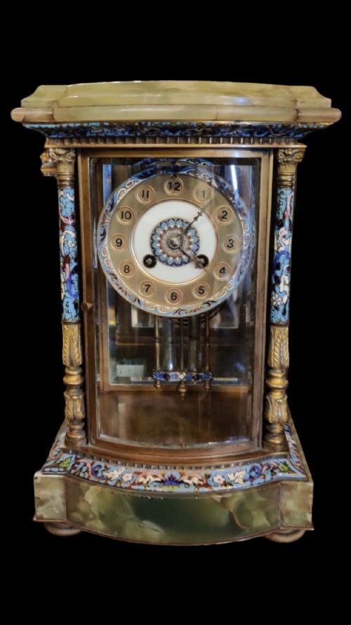 Rare Cloisonne Enamel, Ormolu & Marble 4 Glass French Clock Garniture.