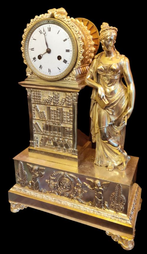 A Rare Empire Gilt Bronze Library, Figural Mantel Clock, by "Cleret" of Paris.