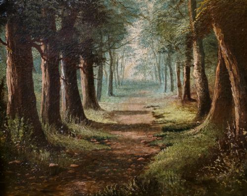 A 19TH CENTURY GOOD QUALITY OIL ON CANVAS OF A LANE IN A BEECH FOREST FORMING A GREEN TUNNEL ENGLISH SCHOOL - ADDITIONAL PHOTO 1