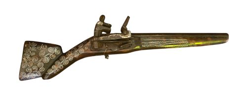 OTTOMAN EMPIRE AFGHAN SNAPHAUNCE FLINTLOCK LONG PISTOL WITH GROOVED FRIZZEN AND BALL TRIGGER SILVER INLAY