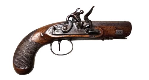 a georgian british flintlock pocket pistol with a short octagonal barrel silver band cartouche not hallmarked by sutherland of london - CATEGORY: ANTIQUE MISCELLANEOUS - DATED GEORGIAN