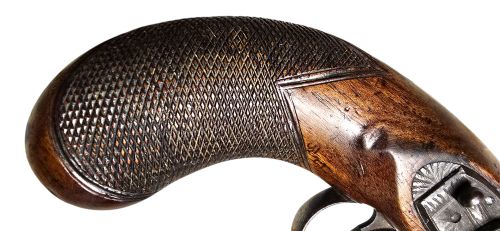 A GEORGIAN BRITISH FLINTLOCK POCKET PISTOL WITH A SHORT OCTAGONAL BARREL SILVER BAND CARTOUCHE NOT HALLMARKED BY SUTHERLAND OF LONDON - ADDITIONAL PHOTO 9