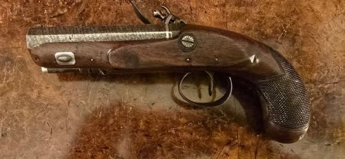 A GEORGIAN BRITISH FLINTLOCK POCKET PISTOL WITH A SHORT OCTAGONAL BARREL SILVER BAND CARTOUCHE NOT HALLMARKED BY SUTHERLAND OF LONDON - ADDITIONAL PHOTO 19