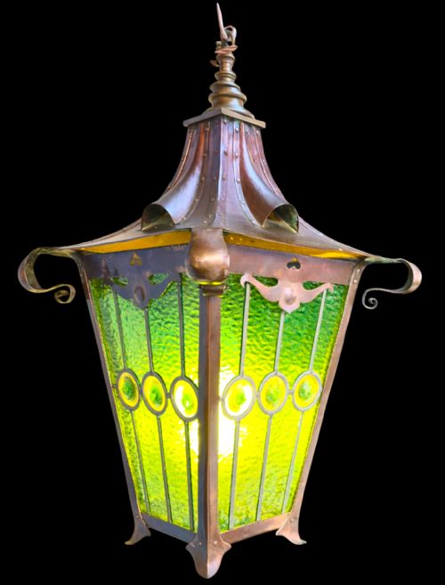 arts crafts stained glass hanging lantern hand crafted in bronze english circa 1900 electrified with the original stained leaded glass with original finish - CATEGORY: ANTIQUE LIGHTING - DATED 1900