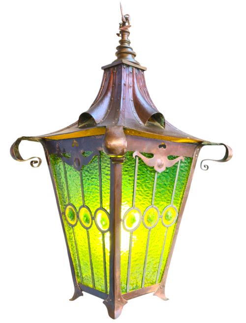 ARTS CRAFTS STAINED GLASS HANGING LANTERN HAND CRAFTED IN BRONZE ENGLISH CIRCA 1900 ELECTRIFIED WITH THE ORIGINAL STAINED LEADED GLASS WITH ORIGINAL FINISH - ADDITIONAL PHOTO 16