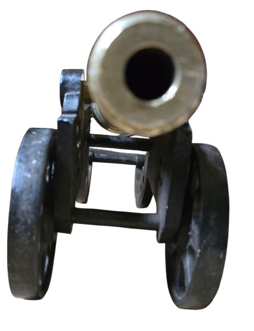 FINELY RENDERED ENGLISH VICTORIAN BRASS ORNAMENTAL CANNON ON CAST IRON CARRIAGE - ADDITIONAL PHOTO 6