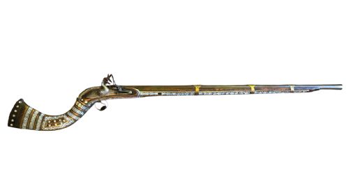 FINE INDO MUSLIM FLINTLOCK MUSKETJEZAIL EXTENSIVELY DECORATED WITH INSET BRASS AND MOTHEROFPEARL INLAY COMPLETE WITH AFGHAN STOCK C17801820 - ADDITIONAL PHOTO 4