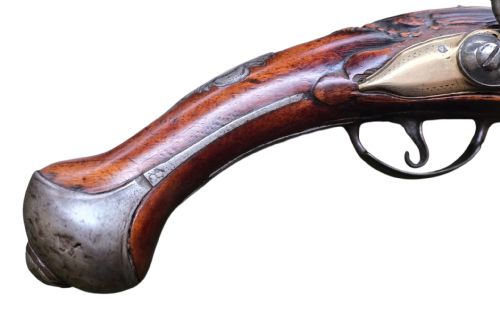 FINE GERMAN 18TH C FLINTLOCK HOLSTER PISTOL BY HOFMANN C1750 WITH AN ORNATELY CARVED WALNUT STOCK BRASS LOCKPLATE - ADDITIONAL PHOTO 2
