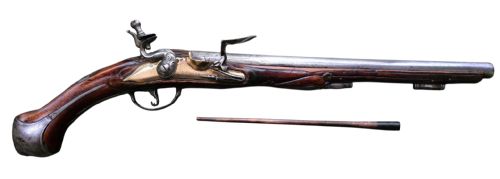 FINE GERMAN 18TH C FLINTLOCK HOLSTER PISTOL BY HOFMANN C1750 WITH AN ORNATELY CARVED WALNUT STOCK BRASS LOCKPLATE - ADDITIONAL PHOTO 5