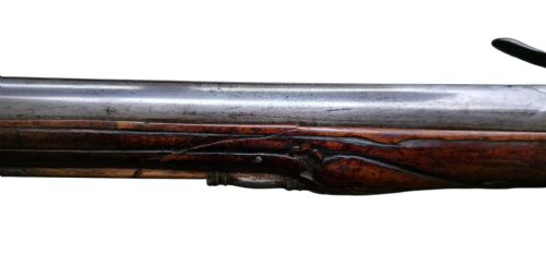 FINE GERMAN 18TH C FLINTLOCK HOLSTER PISTOL BY HOFMANN C1750 WITH AN ORNATELY CARVED WALNUT STOCK BRASS LOCKPLATE - ADDITIONAL PHOTO 9