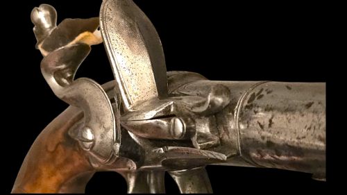 QUEEN ANNE SILVERMOUNTED 18 BORE FLINTLOCK HOLSTER PISTOL BY R WILLOUGHBY BIRMINGHAMEARLY 18THCENTURY ENGLISH FLINTLOCK PISTOL SILVERWIRE INLAID WALNUT GRIP SILVER GROTESQUE BUTT CAP WITH SILVER VACANT CARTOUCHES TO THE TOP AND THE SIDE OF THE STOCK CIRCA 1730 - ADDITIONAL PHOTO 2